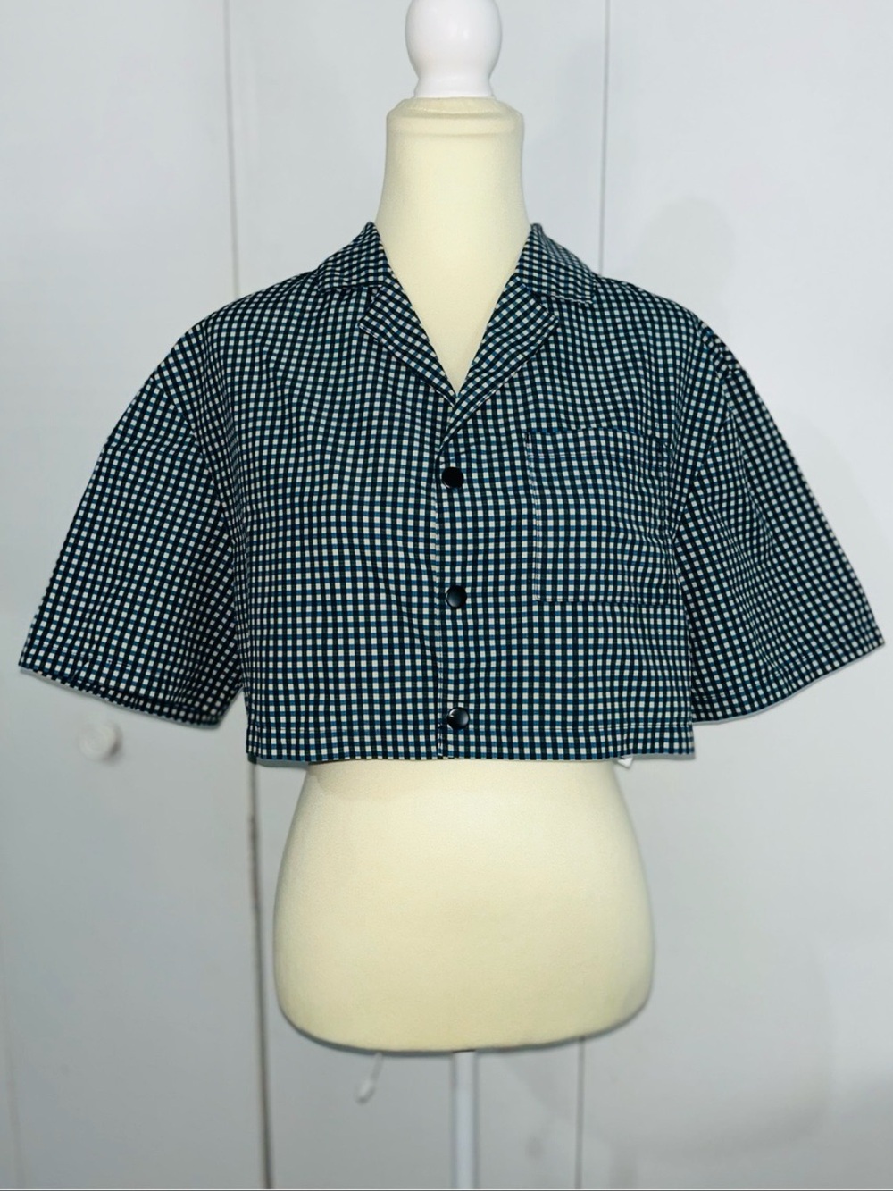 Collusion Cropped Gingham Button-Up Shirt